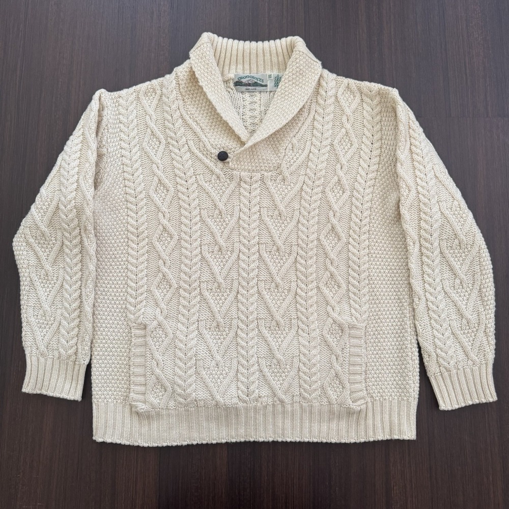 Aran Crafts Wool Sweater 2XL Ivory Cable Knit Ireland Shawl Collar w/ Pockets